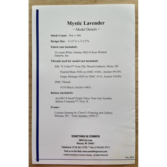 Something In Common~ Mystic Lavender~ Counted Thread Design Pattern‎ with button - Picture 4 of 5